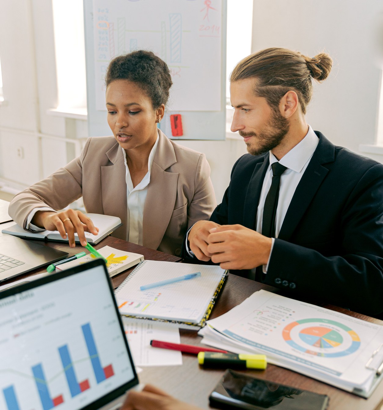 A business team reviewing performance charts together